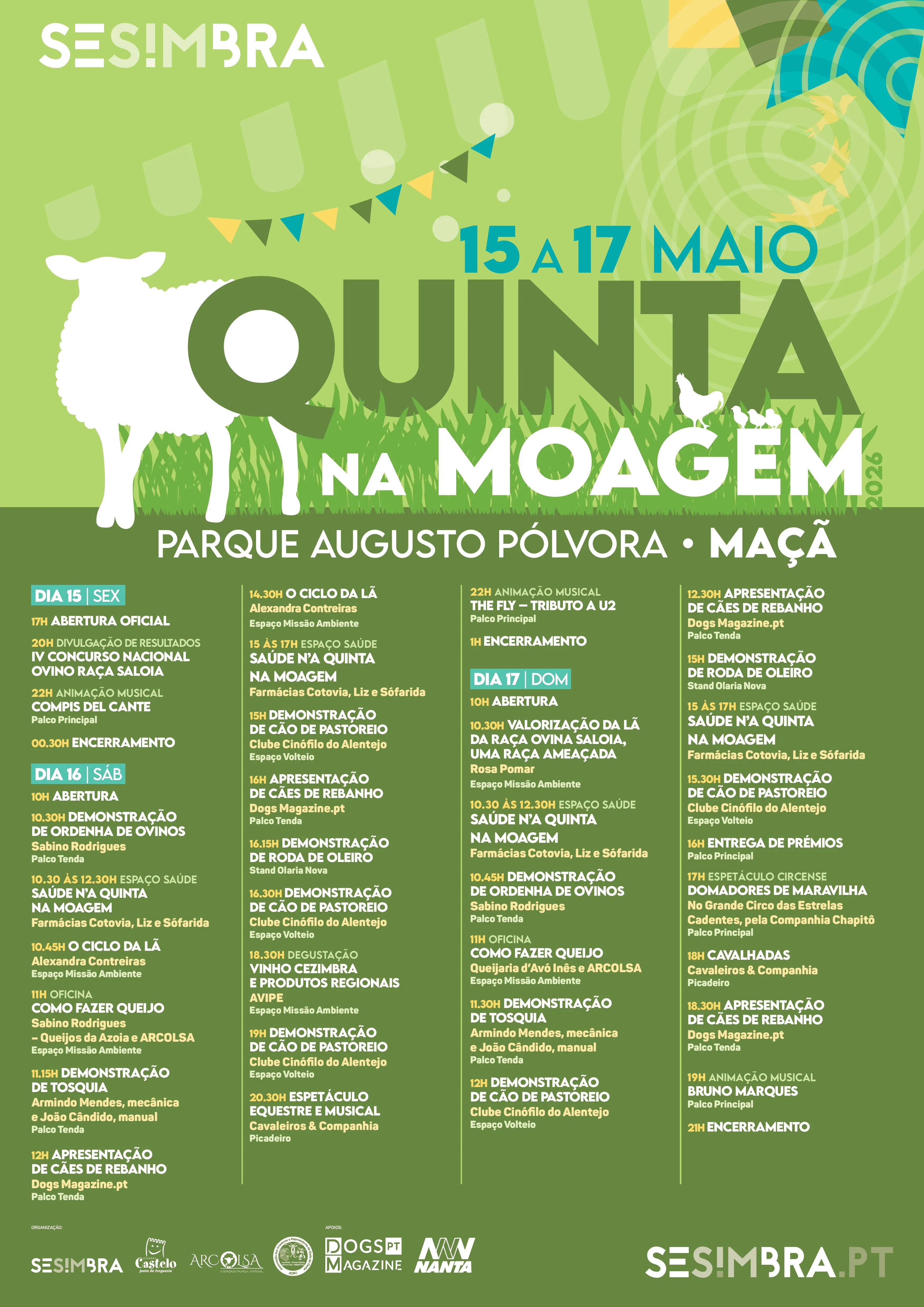 Cartaz da Quinta na Moagem 2026, de 15 a 17 de maio, com o programa completo